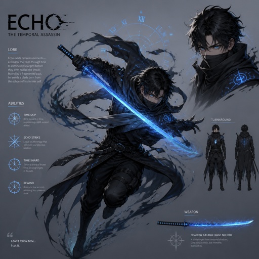 male assassin name echo, time power, light blue eyes, blue shadow katana