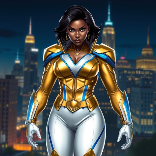 African American female superhero with shoulder length hair in a side part style wearing a slightly armored gold and white suit with blue accents with white pants and gold boots with a stylized V as her chest emblem standing ona roof in a Philadelphia at night