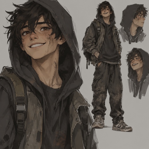 Male, teenager, black messy hair, modern clothes, hood, brown eyes, dirty, happy