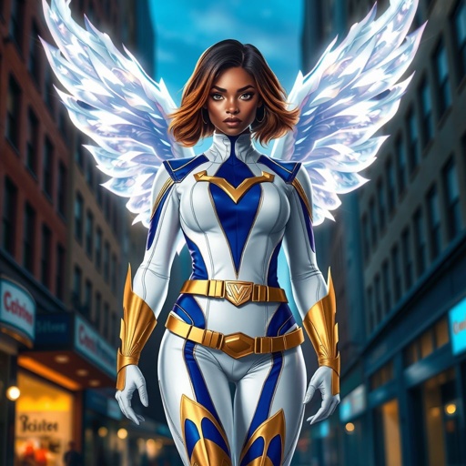 A teenage African American female superhero with brown hair with gold highlights in a shoulder length side part hairstyle with pure Gold Glowing eyes wearing a white suit with gold and royal blue  with white pants and gold and white knee length boots with a utility belt with a gold V  as her chest emblem with glowing  wings made of white fire in Philadelphia 