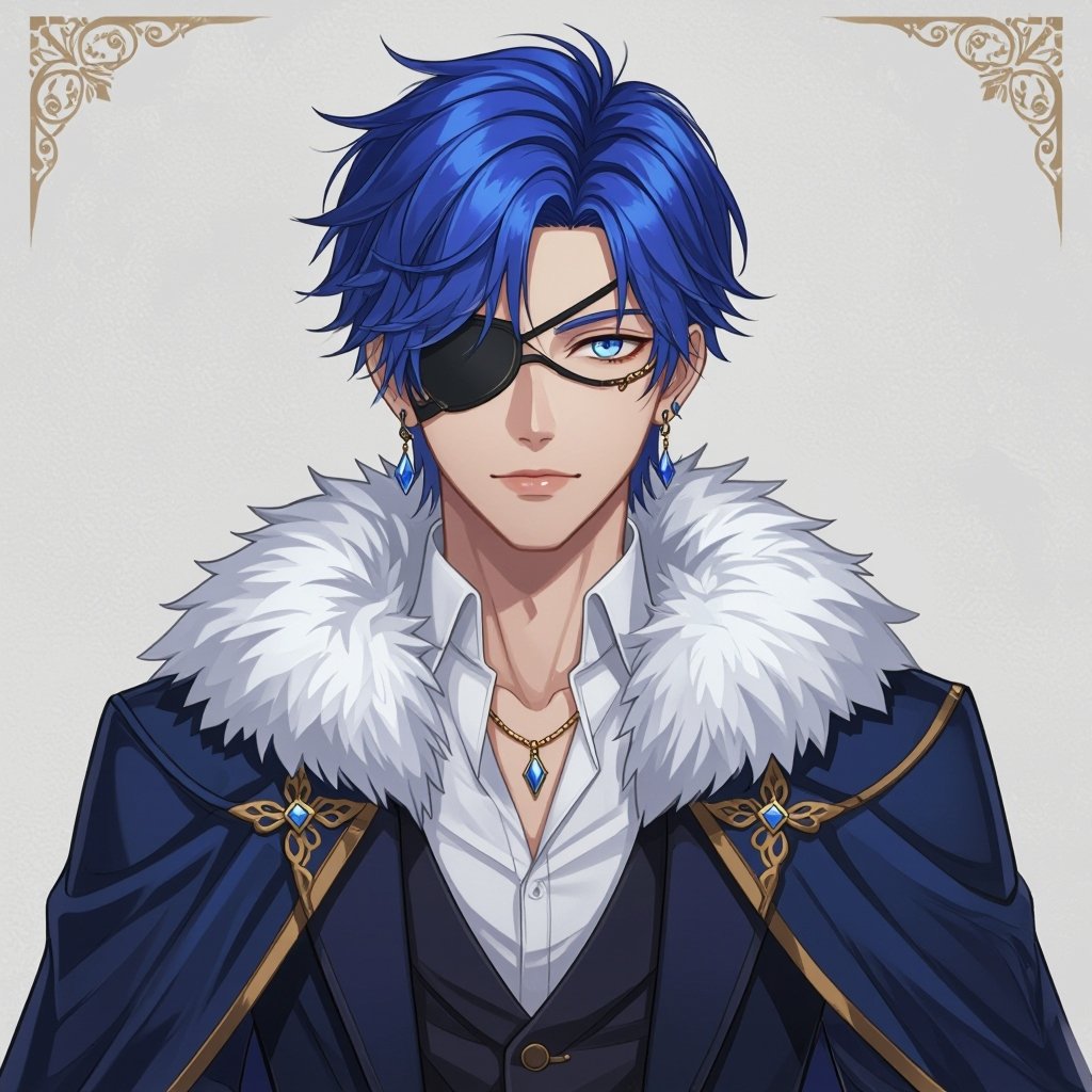 Young Asian man in very early 20’s. Royal blue hair and lighter blue streaks with a lock of hair resting on his left side of his chest. A black eyepatch with gold trim covering his right eye. A periwinkle eye with a diamond-shaped pupil. A half cape with distinctive fur collar, adding a touch of luxury and warmth. His shirt is a white, collared blouse with a noticeable neckline, giving a sense of sophistication and a hint of boldness. Also with dark, form-fitting trousers that emphasise his physique. He also has a blue earring on his left ear, and knee-length boots that complete the ensemble, adding to the overall elegant aesthetic