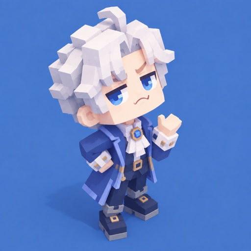 Male, fluffy white hair, big blue eyes, long smile, snobby, wears blue, whiny,
