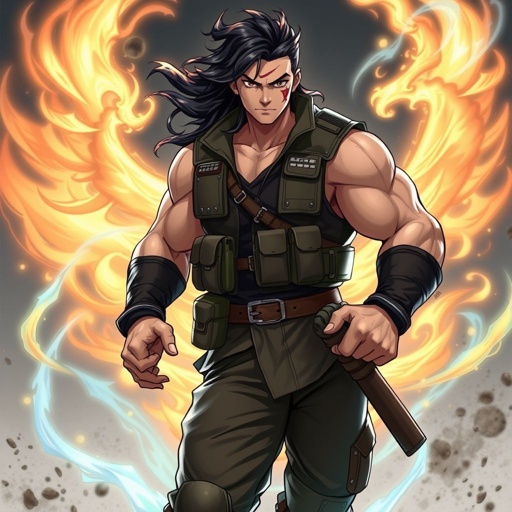 Age 35. Male. Muscular. Black wavy hair. Brown eyes. Scar across forehead vest,pants, combat boots. He’s a master of weapons, hand to hand combat, also has master Wind, earth, and light magic