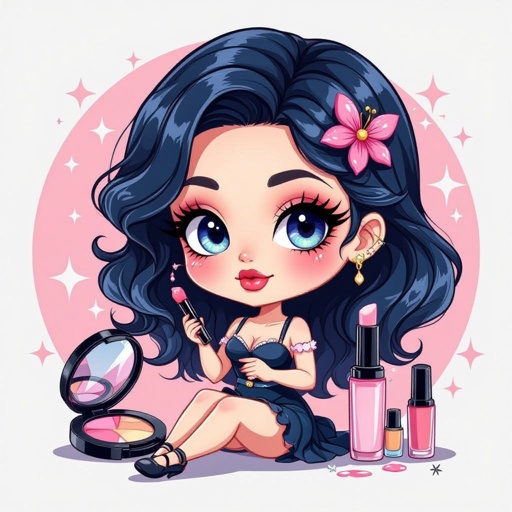 Create a chibi character showing a lady who loves beauty products  
