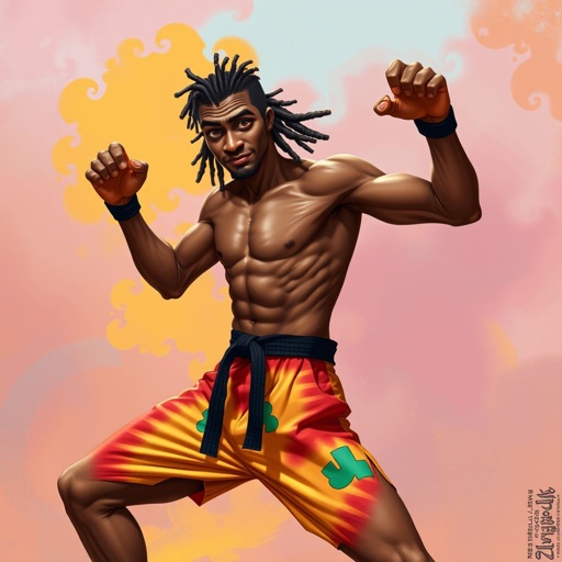 Create a character who looks like a funny African karate guy who doesn’t have a clue what he is doing. Make him have weird toes, only speedos on and a black karate belt. Make him tal skinny and slinky.