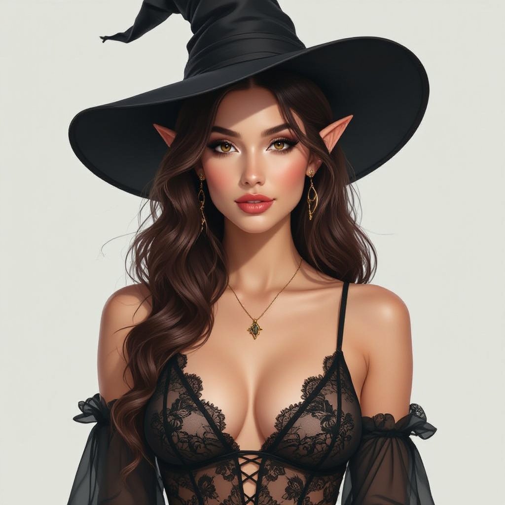HOT BRUNETTE ELF WITCH LIBRARIAN IN A LACE ORGANZA FABRIC TWO PIECE BATHING SUIT AND WITCH HAT