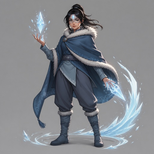 Female superhero with ice powers, mask, Asian , warm shawl, pants, diamond in forehead 