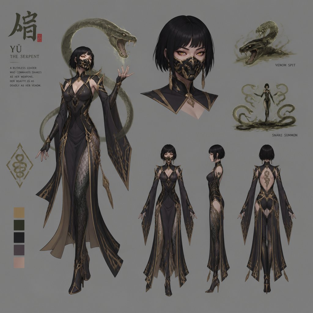 Female villain with snake powers, cool costume, mask, Asian, short hair