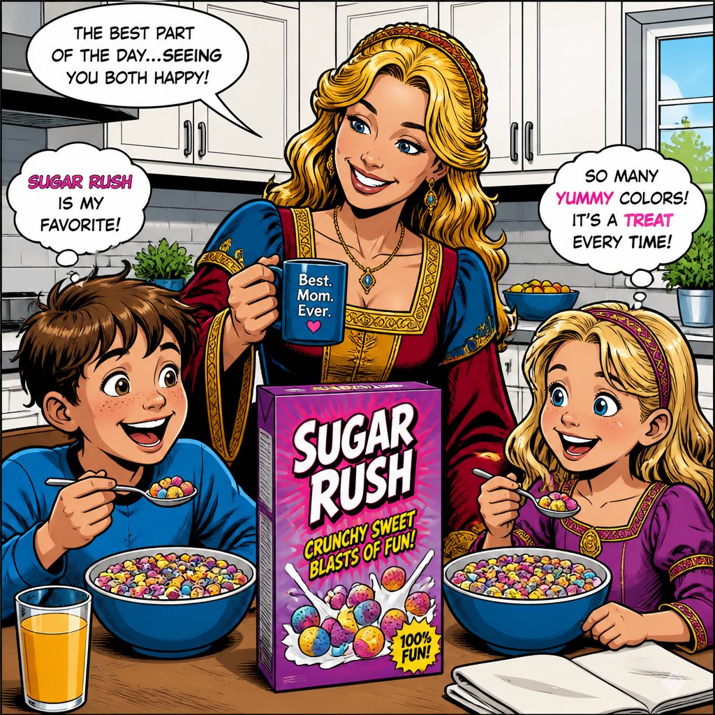 A contemporary kitchen very upscale, a mother with blonde hair dressed and renaissance robes is beside her are a boy and girl eating a breakfast cereal called Sugar Rush. Everyone is happy and smiling.