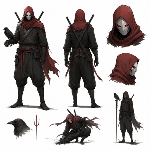 male Villian mercenary, red hood full white face mask, two swords on back, red eyes, crow, clothes design, multiple of the same character 