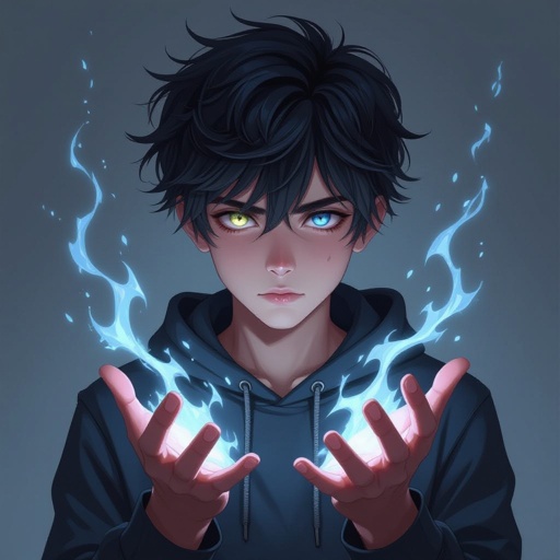 Telekinetic and dark manipulation powers boy teenager 17 years old dark and mysterious and quite with bad past with Heterochromia eyes