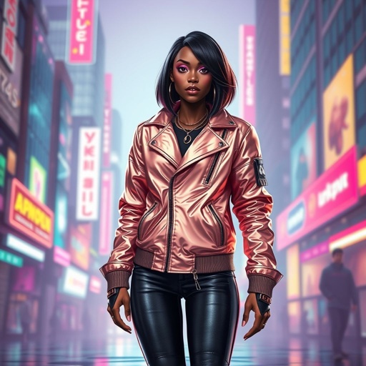 African American female cyberpunk with shoulder length hair in a layered side part style wearing a glowing rose gold jacket rose gold and purple shades and black jeans with black boots