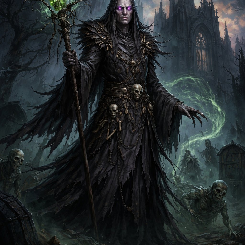 Here’s a dark medieval necromancer character you can use: ⸻ Malveric the Gravebinder In an age of iron crowns and burning pyres, there are whispers of a man who refused to bow to death—Malveric the Gravebinder, the Black Scholar of Hollow Vale. Once, Malveric was a court physician, renowned for his knowledge of the body and the healing arts. But when plague swept through the land and claimed his family, something inside him broke. He turned from healing… to defiance. He vanished into forgotten catacombs beneath an abandoned abbey, where he studied forbidden tomes bound in human skin and inked with ash. Years passed. When he emerged, he was no longer fully a man. ⸻ Appearance Malveric is tall and unnaturally thin, draped in layered robes of ashen gray and faded black. His skin is pale as candle wax, stretched tight across sharp cheekbones. Veins like dark ink crawl beneath the surface. His eyes glow faintly violet, hollow with sleepless centuries. His fingers are long and skeletal, stained permanently with grave soil. Around his neck hangs a chain of tiny bone charms that clatter softly… even when there is no wind. Where he walks, the air grows cold. Frost forms on stone. Candles dim. ⸻ Powers • Gravebinding: Malveric can raise the dead from even the oldest graves, binding their will to his own. His undead are silent, tireless, and unnervingly coordinated. • Soul Tethering: He traps the souls of the dying before they pass on, storing them in blackened talismans to fuel his magic. • Plaguecraft: With a gesture, he can summon clouds of choking rot or spread sickness through entire villages. • Bone Shaping: He can twist bone like clay—forming weapons, armor, or monstrous constructs from the remains of the fallen. ⸻ Domain Malveric resides in the ruins of Hollow Vale Abbey, now a place where no birds sing. The graveyard surrounding it has grown into a forest of crooked gravestones and skeletal trees. At night, dim lights drift between them—restless spirits bound to his will. Travelers speak of seeing figures standing motionless among the graves… until Malveric calls, and they begin to move. ⸻ Personality Malveric is calm, deliberate, and utterly devoid of fear. He does not see himself as evil—only as enlightened. To him, death is a flaw in the world’s design, one he is determined to correct. Yet beneath his cold resolve lingers a quiet obsession: he still seeks a way to restore the souls he lost… not as they were, but as something eternal. ⸻ Rumors & Legends • It is said he cannot be killed while his soul remains hidden outside his body. • Some claim he keeps his own heart sealed in a black iron reliquary. • Others whisper that he was once offered redemption… and refused.