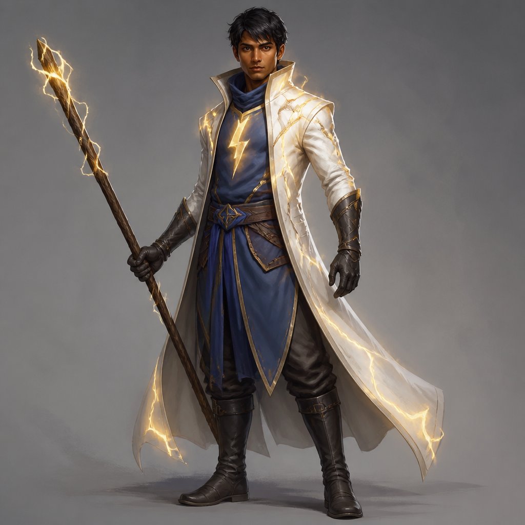 Young brown skinned man with brown eyes and short straight black hair with white leather trench coat and blue with lightning bolt along it quarter staff style cross black boots and gloves