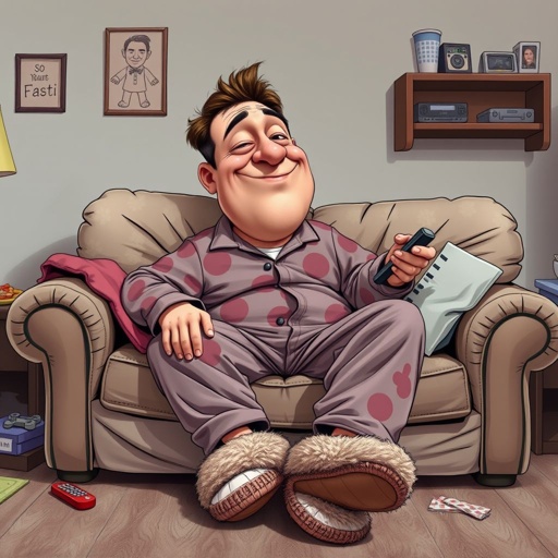 Create mid 30 character who is lazy as heck. And you could tell from his face and his entire outfit. Make is funny and the style of the graphic photographic