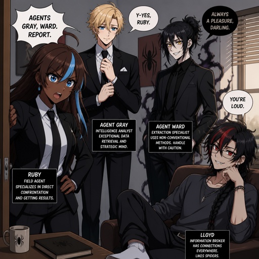 Anime style, Ruby she's dark skin with brown hair and light blue, streak, serious, intimidating, makes sure she gets all the answers she needs,very good at interrogating the suspect, is very loud, being calm is hard, loves tea, she cares about her partner gray but doesn't know about gray's feelings to her, she occasionally will smile a lot.Agent gray nice wave blond hair, tallish, nice, doesn't wear glasses, cares about partner, shy, good at his job, very organized but when a lot of work happens all at one and there's a limited time he can get very disheveled, likes his partner agent Ruby but to scared to admit it, smart, can work in any situation,energy drinks,can unintentionally be funny. Anime style, Agent Ward is a pale man male, he was made to be a weapon, he is highly skilled, emergency backup in case he gets out of control, his hair is messy lose bun, night vision yellow eyes,he has dark power, he is intimidating, big grin, he's used as an emergence backup weapon, can’t drink caffeine there all wearing nice suits Anime white male, name Lloyd, hair messy long one loose braid, black hair with light red stripes, clean shaven,red eyes, long scary fingers spider fangs,glasses, sarcastic, cold, laugh mockingly, traumatized,was a unwillingly experiment many years before getting rescued, no memory of his past, has power of a spider, poisonous makes spider webs with his hands, can communicate and control spiders, on right arm a print says sub 389, doesn't remember anything from his past,very dangerous, being taken care of in a special agency.there all in the same room asking Lloyd questions,Lloyd is wearing casual clothes ,as a comic