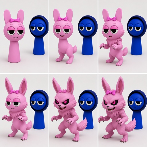 Pinki from sprunki starting to turn into her kind Wererabbit self in front of Jevin from sprunki with her legs and tail transforming and then her arms and then her ears and her neck gets fluffy and then she’s fully transformed with her eyes being black and pink