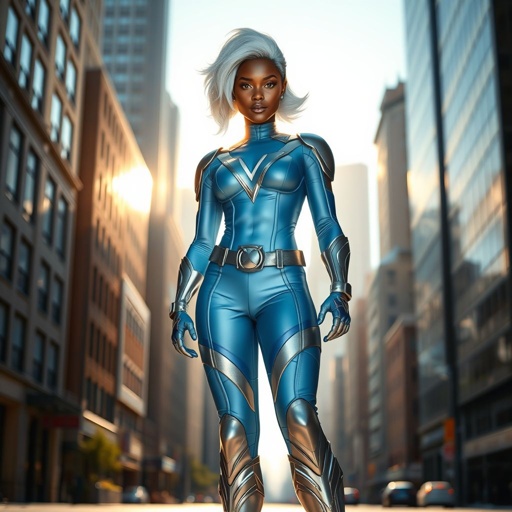 African American female superhero with white fire hair in a shoulder length side part hairstyle with white fire eyes wearing a leather slightly armored light blue and silver suit with light blue pants and silver boots and a V as her chest emblem standing in Philadelphia during the day
