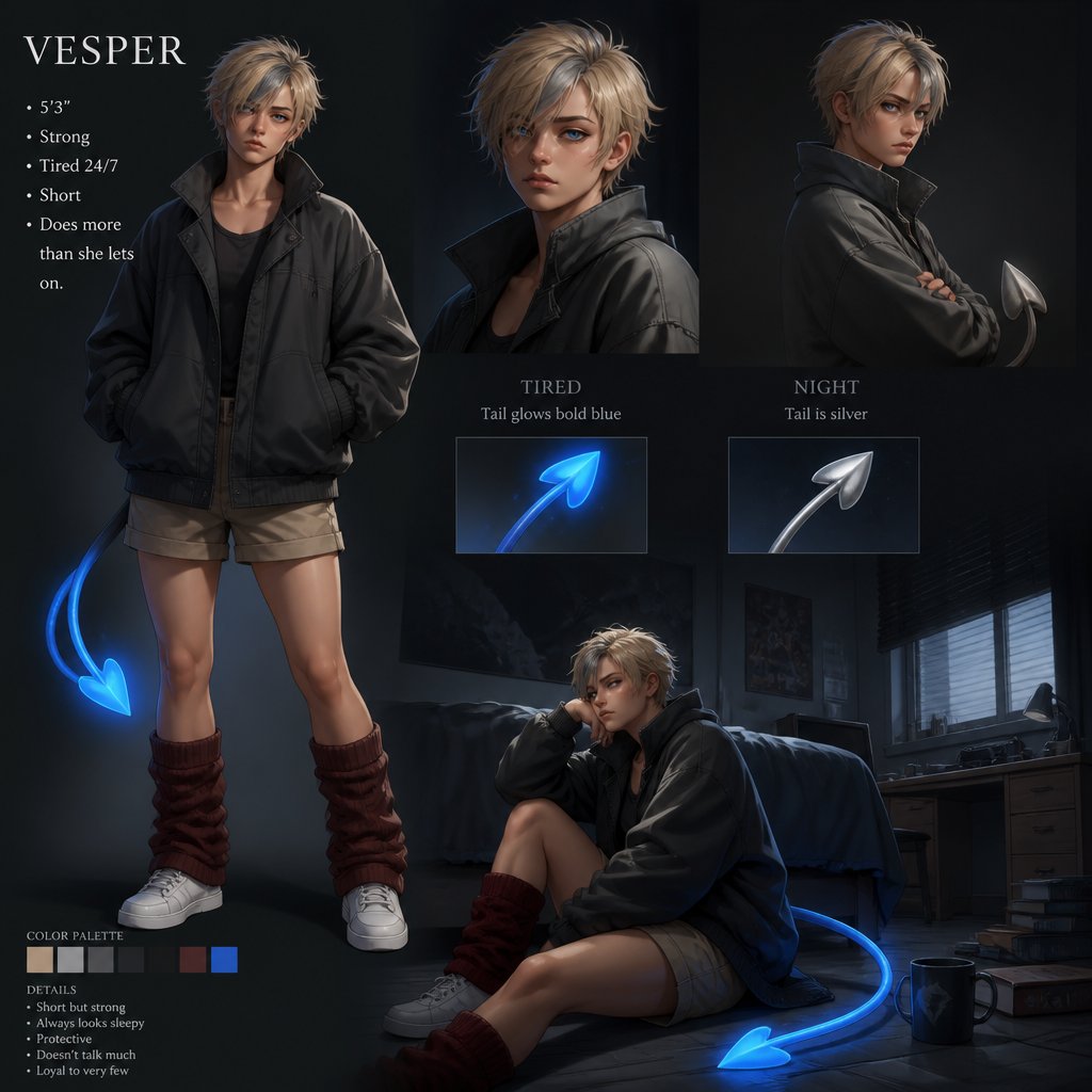 . Name: Vesper Nickname: little grey or sleepy shortie. Appearance: she/they, they're 5'3, her appearance is short but they are strong for they're height. she has short blonde hair with a grey streak, has blue eyes and a silver shaped heart tip tail. She wears an oversized dark grey jacket, wears comfy beige shorts. And has dark maroon leg warmers, also she wears white shoes. Personality: she is sweet and kind, but when they are hungry or tired they are an absolute menace, honestly. Literally is tired 24/7, and if someone tries to touch her tail or her friends. she will not hesitate, And it will not end well. Extra: when she is in a certain feeling her tail glows what shes feeling, for advanced if she was feeling tired it would glow a bold blue, in night it glows a silver glow. Like a personal feeling core, and perhaps her tail has a mind of its own when shes asleep or unconscious, her body also doesnt provide warmth so of course her tail tip is like a little heater.