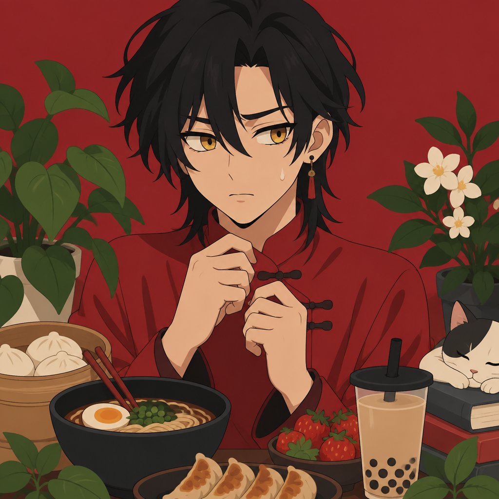 Male, Asian, neck length black hair, yellow eyes, eyeliner, wears red, loves food and plants, small mouth, nervous