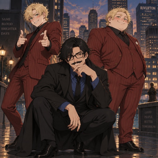Male, crouching, green eyes, mustache, neck length black hair, neat hair, black glasses, black trench coat, blue shirt, smiling, male blonde curly hair, green eyes, blush, red pinstripe suit, doing finger guns, male, blonde curly hair, green eyes, fat, red pinstripe suit, blush, hands in pockets, smiling, the blonde guy and the fat guy are twins, city background, cinematic 
