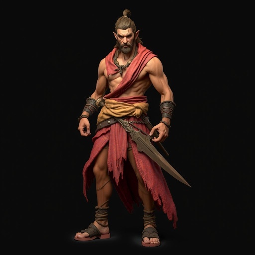 Create handsome hero Rhen the Fire – A lean, muscular man. He wears layered, flowing desert robes dyed in warm reds and golds, with scorch marks where flames have licked them. A curved blade hangs at his hip. Show whole body head to toe including her shoes.