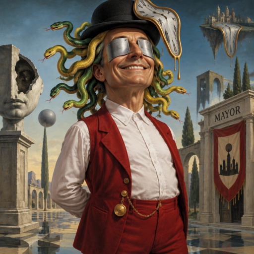 Male, white button up shirt, red open vest, red pants, bowler hat, metal covering eyes, big smile, yellow and green snake hair, mayor