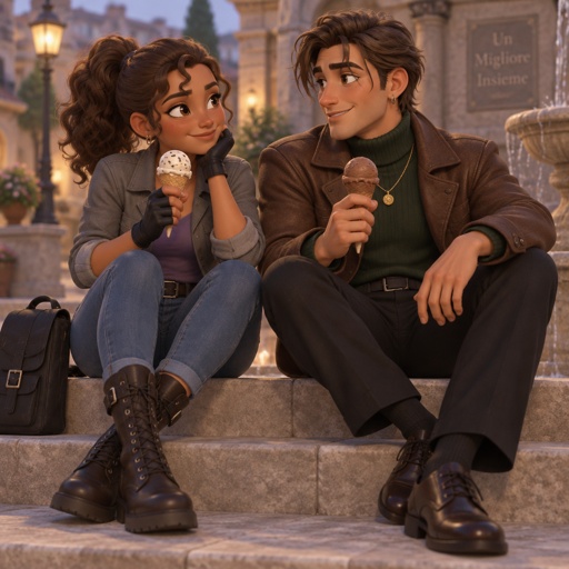 Female, tan skin, brown eyes, pointy nose, curly ponytail, curl in the middle of her forehead, grey jacket rolled up sleeves, jeans, boots, purple shirt, gloves, Male, brushed back slightly messy brown hair, two hair strands in face, brown eyes, brown nice jacket, green turtleneck, earrings, gold necklace, black pants, nice shoes, smirk, both getting ice cream