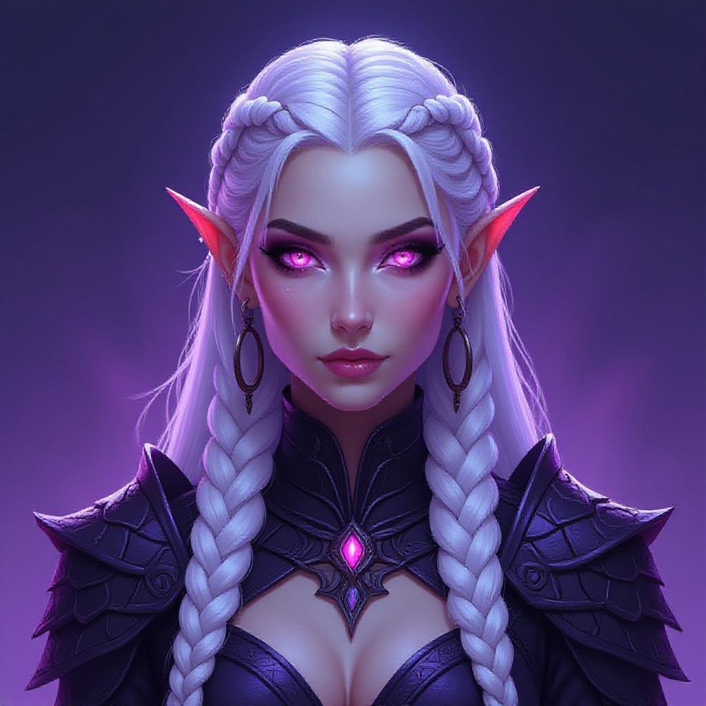 Character Appearance - Lavender Skin: The character's skin has a lavender hue, suggesting a supernatural or elven origin. - Long, Braided White Hair: The hair is shiny, snow-white, and braided in a ponytail, a fishtail an elegant way, which adds refinement and nobility. - Pointed Ears: The elongated ears indicate possible belonging to an elven race or magical creature. - Phosphorescent Pink Eyes: The gaze is intense and hypnotic, with eyes that seem to glow from within, emphasizing the mystical aura. Clothing and Accessories - Dark Armor with Metallic Texture: The character wears armor-like clothing, with high shoulders and a subtle metallic sheen, like scales. This suggests power, protection, and status. - Sophisticated Design: The armor's details are elaborate, with textures that reflect light in a dramatic way. - Large round earrings: Hoop earrings add an interesting contrast between the hardness of the armor and the elegance of the accessories.Background and Atmosphere - Dark Purple Gradient: The background is composed of shades of purple and purple, which blend harmoniously with the character's skin and eye tones. - Dramatic and Mysterious Atmosphere: The colors and lighting create a sense of intensity, as if the character is about to enter an epic confrontation or a magical ritual. Artistic Style and Theme - Digital Fantasy Style: The work is created with a refined digital technique, specific to modern fantasy arts. - Theme of Power and Mystery: The character appears to be a warrior, a leader, or a being with magical powers, in a fantasy universe.Rezolution 9:16