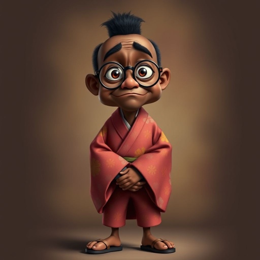 Create a funny looking African sensei. Show the whole character from head, body , legs , feet and make him serious. 