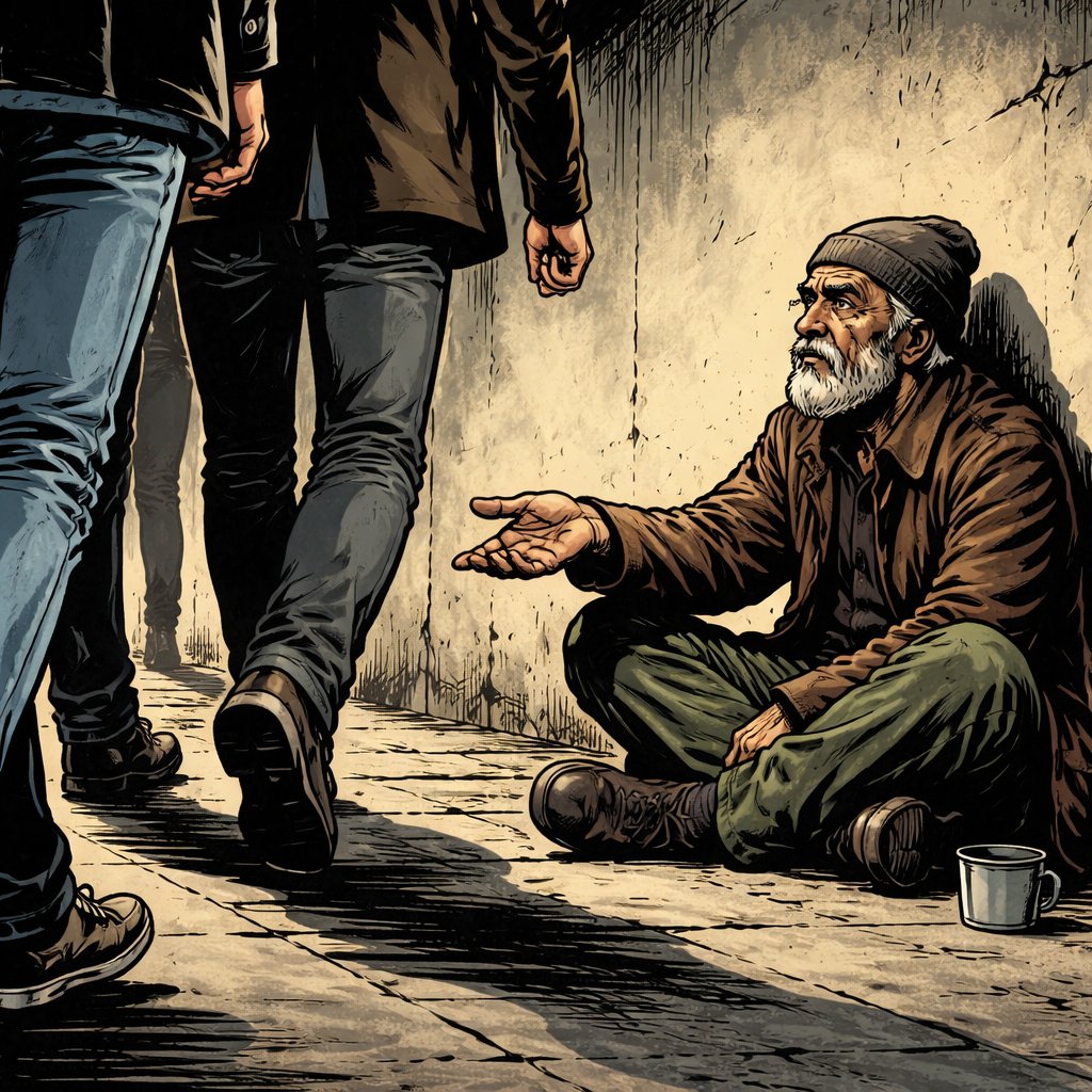 Realistic, refined, no caricature no speech bubbles. A poor old man is sitting cross legged against the wall begging we see people walking by paying no attention. The beggar is on the right, and the people are walking across the screen to the left. We see mostly waist down to their feet.