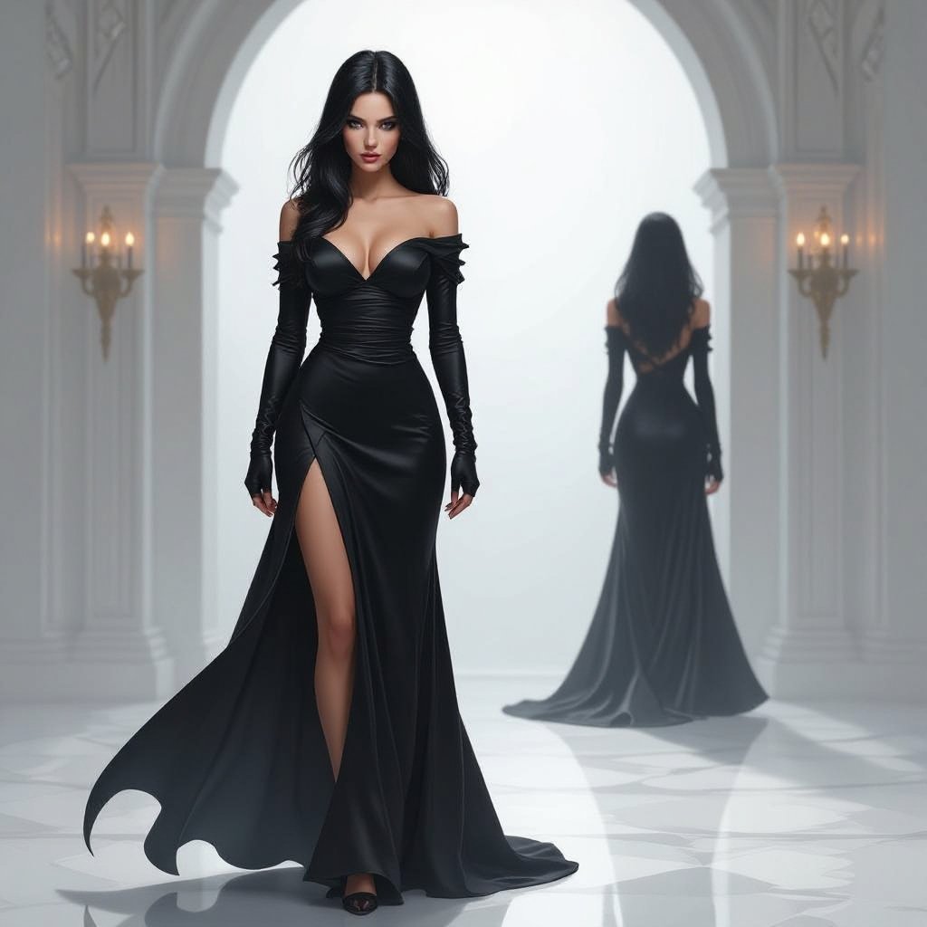 Show character head to toe. Create a mid age fantasy woman jet-black hair is cut sharpand her eyes seem to pierce through darkness. A shadowy aura clings to her form,