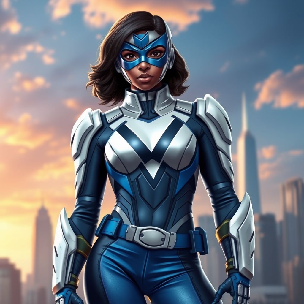 A teenage African American female superhero wearing a domino style mask with slightly curly hair in a shoulder length side part style wearing a armored White and blue suit with blue pants and a stylized V as her chest emblem a utility belt and blue boot heel less standing in Philadelphia