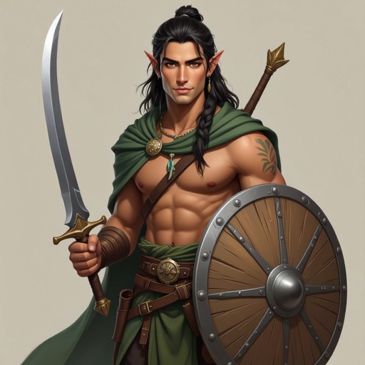 Male air genasi druid, 5’6, 130 pounds, brown eyes, black hair, tan skin, 20 years old, holding a curved sword and a shield 