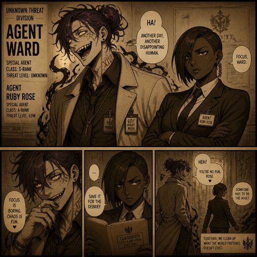 Anime style, Agent Ward a male, made in a secret lab to be best weapon and good at everything, highly skilled, be kept in check and have an emergency backup in case he gets out of control, Wards hair a messy bun hair color violet, is clean shaven, yellow night vision eyes, sharp teeth, has a dark power energy from experiments, best agent, in late 20s, tired, tall, eyes sensitive to light, easily migraines, likes making jokes, mischievous and dangerous, grins, hates being told what to do, intimidating, laugh like a maniac cares about his partner ruby rose she's dark skin serious plays by the rules and firm but nice to ward them standing together ruby arguing to wards "stop being so intimidating you're going to give are suspect a hart attack!" Ward says "what I'm just making the job go faster he's fun and was very helpful " he proceeds to laugh ruby says under her breath "this isn't funny" as a comic