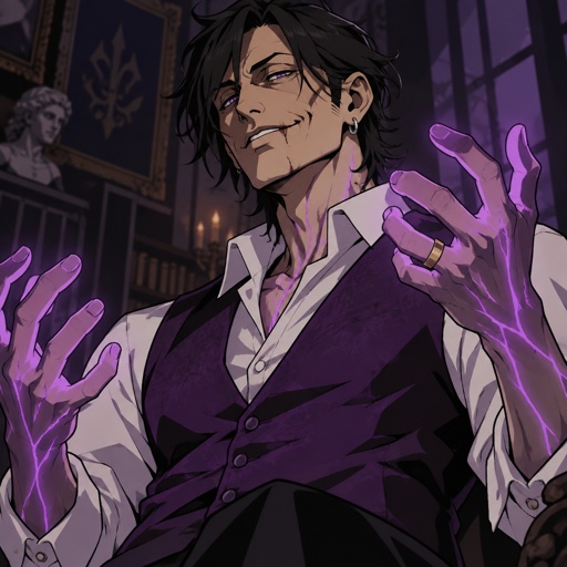 Male, black messy hair, side bangs, scar on upper and lower lip, ear piercing ring, mid 40s, slim, glowing purple hands, purple glowing veins, smiling, bad guy, purple vest, white shirt, wedding ring, puppeteer