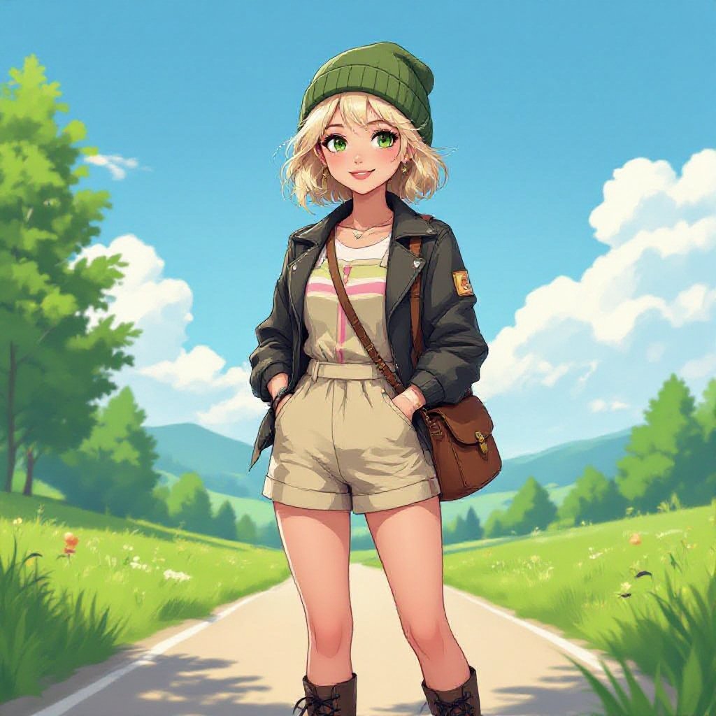 Full-body illustration of Veronica White in a bright, semi-realistic anime-inspired art style consistent with Wolfey’s image. She stands confidently on a sunny travel route surrounded by grass, trees, and distant hills under a clear blue sky. Veronica is a cheerful young woman with a short blonde bob and green eyes, wearing an olive beanie, a beige romper with subtle pink and yellow stripes, a black jacket, a brown satchel slung across her shoulder, and black lace-up boots. Her proportions follow the 8-heads human anatomy rule with natural posture and expressive warmth. Lighting is daylight, vibrant, and adventure-themed.