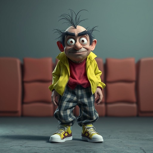 Create a funny looking paranoid man in the world, with a not so stylish outfit head to toe