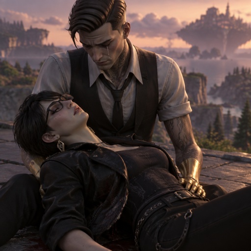 Midas from Fortnite holding Bayonetta from super smash bros short hair, she’s dead, on the ground, both wearing casual clothes, Midas is sad