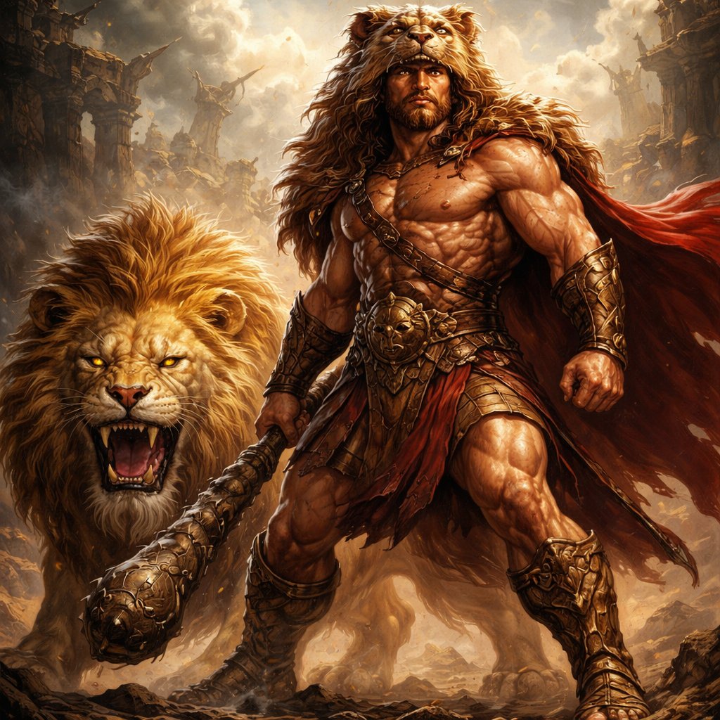 Hercules standing ready to battle the viewer with the Themian Lion by his side
