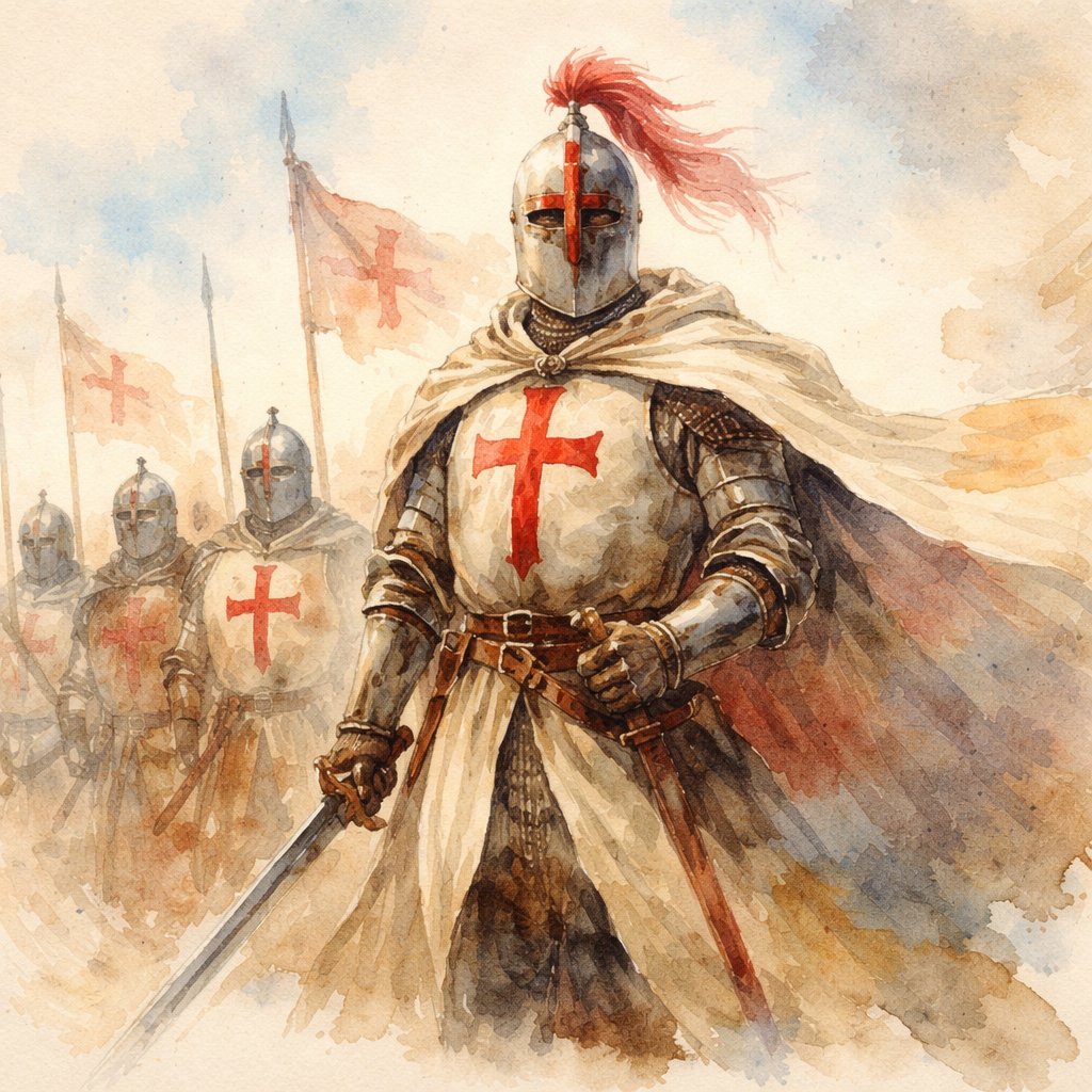 A commander in charge of infantry with white armour and a cross on the armour