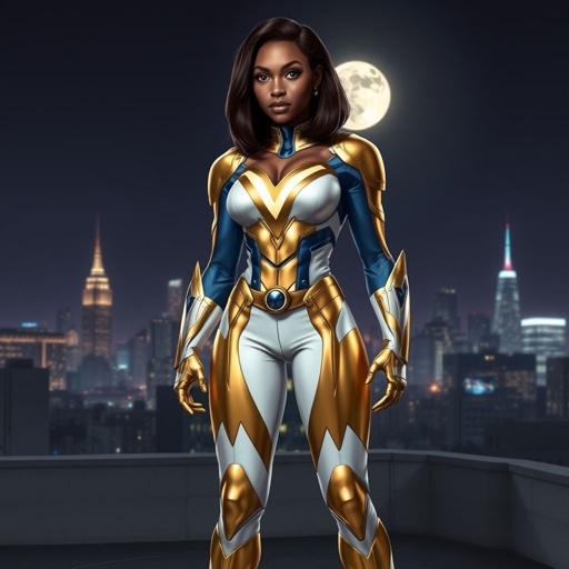 African American female superhero with shoulder length hair in a side part style wearing a slightly armored gold and white suit with blue accents with white pants and gold boots with a stylized V as her chest emblem standing ona roof in a Philadelphia at night