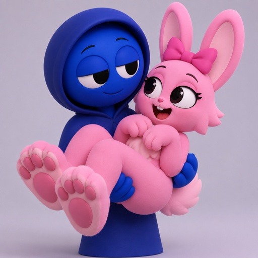 Pinki from Sprunki as her wererabbit self in Jevin from Sprunkis arms with her hands and feet being the stronger paws of her Wererabbit form