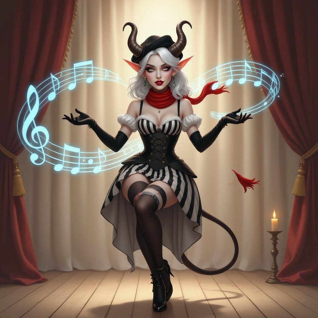 The image depicts a semi-realistic fantasy character performing on a softly lit stage. She’s a tiefling — a humanoid figure with small curved horns, pointed ears, and a slender tail tipped in dark red and black. Her skin is porcelain-pale, and her long silver-white hair flows past her shoulders beneath a black beret. She wears a whimsical mime-inspired outfit: a sleeveless black and deep-red striped dress with suspenders, matching thigh-high stockings, and long gloves in the same pattern. A bright red neck scarf provides contrast, and her makeup exaggerates her expressive features — dark eyeshadow, vertical lines beneath her eyes, and small red lips parted in mid-song or gasp. Around her, faint glowing blue musical notes spiral through the air, suggesting she’s singing or casting a magical performance. The background shows a wooden stage framed by ivory curtains and soft candlelight, giving the entire scene a theatrical, vintage cabaret atmosphere. The overall mood blends elegance, whimsy, and a hint of melancholy — as if this performer’s music carries both laughter and longing.