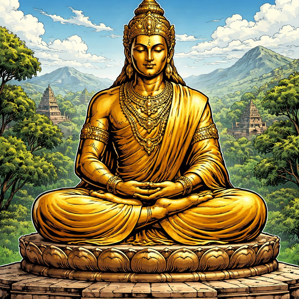 Long shot .A gold statue of an indigenous, Indian style character in a robe in a Buddhist meditation position