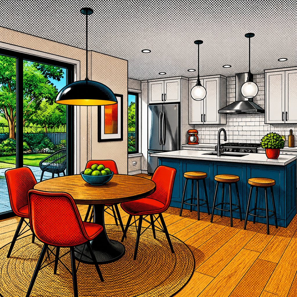 Vibrant colors, no speech bubble, no people, highly realistic, a contemporary breakfast room, and kitchen