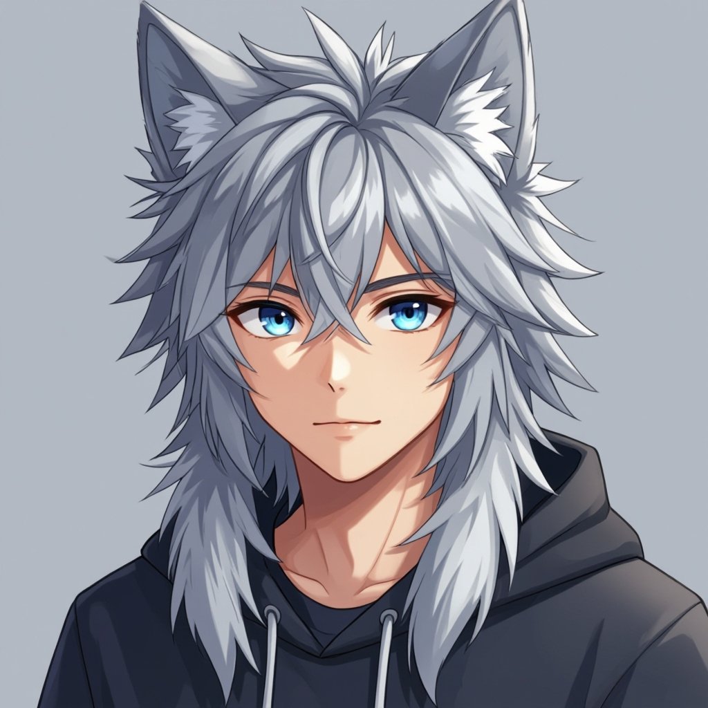 Create an anime guy with wolf ears