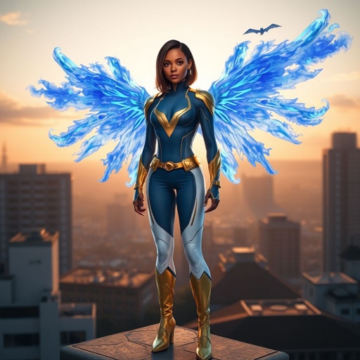 A young African American female superhero with shoulder length hair in a side part style wearing a  blue and white suit made of  spandex like material that’s slightly armored with gold accents with white pants and gold boots with a stylized V as her chest emblem with  wings made of blue fire standing on a roof in a Philadelphia at dawn