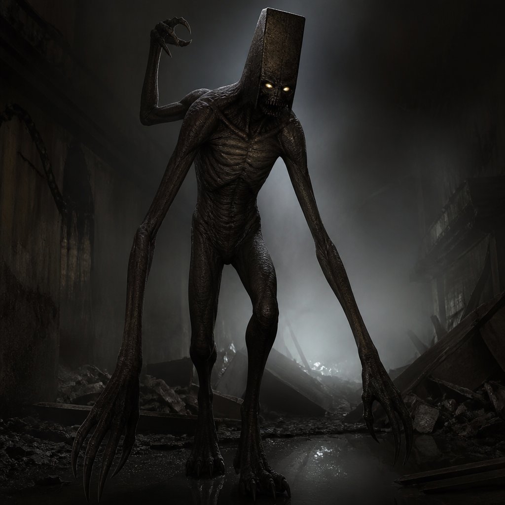 A terrifying non-human creature known as a Dominion. Approximately 8 feet tall, with an unnaturally slender, elongated humanoid body covered in dark, scaled, leathery skin. Its proportions are slightly wrong and unsettling: extremely long limbs, narrow shoulders, and a thin, wiry torso that gives it a predatory, unnatural appearance. Its head is distinctly rectangular and somewhat flat, with very little conventional facial detail. The face should appear smooth and unsettling rather than expressive or human. Two intense, glowing yellow eyes stare from the otherwise featureless face. The eyes should be the primary source of recognizable facial expression. Its mouth contains jagged, irregular teeth that become visible when it opens its mouth. A third arm protrudes from the creature’s upper back. The extra limb is unusual and unnatural, hanging behind and around its body almost like a living scarf. It should clearly be an actual limb rather than a piece of clothing, tentacle, or decorative appendage. The creature has a short, thin tail extending from the base of its spine. The tail should be noticeably shorter and thinner than a typical monster’s tail and should not dominate the silhouette. The Dominion should look like a creature that despises light. Its body seems most natural in darkness and shadow, with the glowing yellow eyes becoming especially striking against a dim environment. Its presence should feel ancient, predatory, intelligent, and deeply unnatural. Semi-realistic dark JRPG-inspired creature design, grounded physical anatomy, highly detailed scaled and leathery skin, subtle organic textures, realistic creature proportions, dramatic low-key cinematic lighting. The creature must be clearly non-human and must not resemble a human wearing armor or a costume. Avoid horns, wings, bulky muscles, excessive spikes, elaborate armor, tentacles, long tails, human facial features, or excessive facial detail. The head must remain rectangular and relatively featureless except for the glowing yellow eyes and jagged teeth. Full-body three-quarter view, dark neutral environment with subtle shadows.