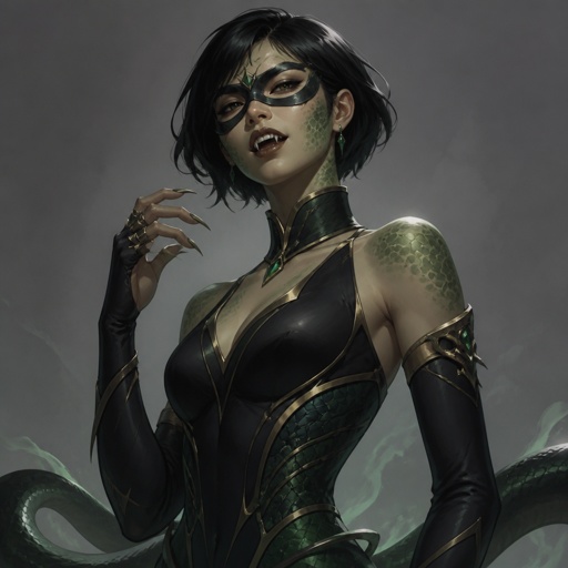 Female villain with snake powers, cool costume, eye mask, fangs, scales, Asian, short hair